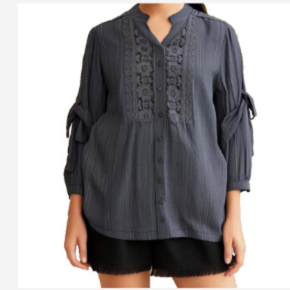 Krazy Kat Blouse Top Size XXL Gray/Silver Stripes Embroidery Button Up Sleeves